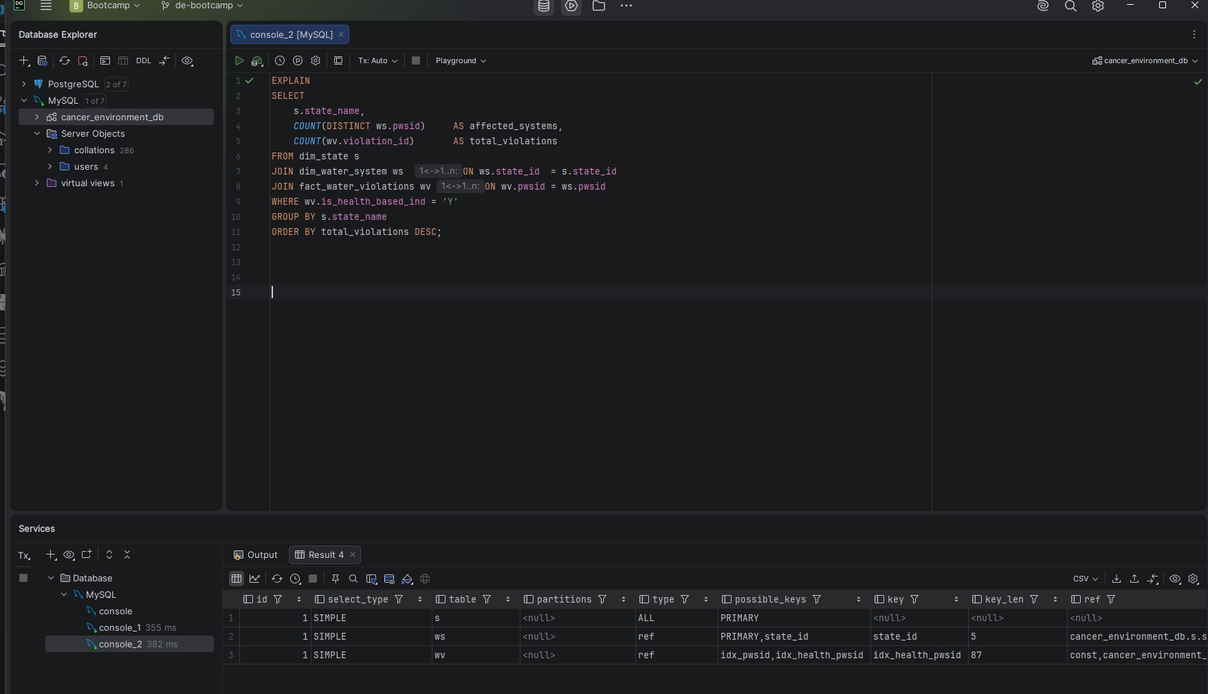 EXPLAIN output for Q4 showing full nested loop scan through 15.3M rows