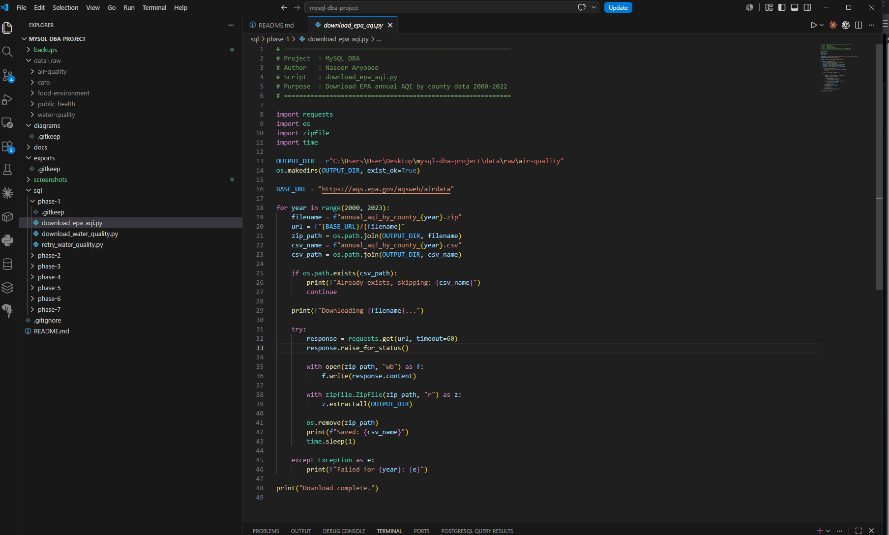 VS Code showing Python download script for EPA AQI data