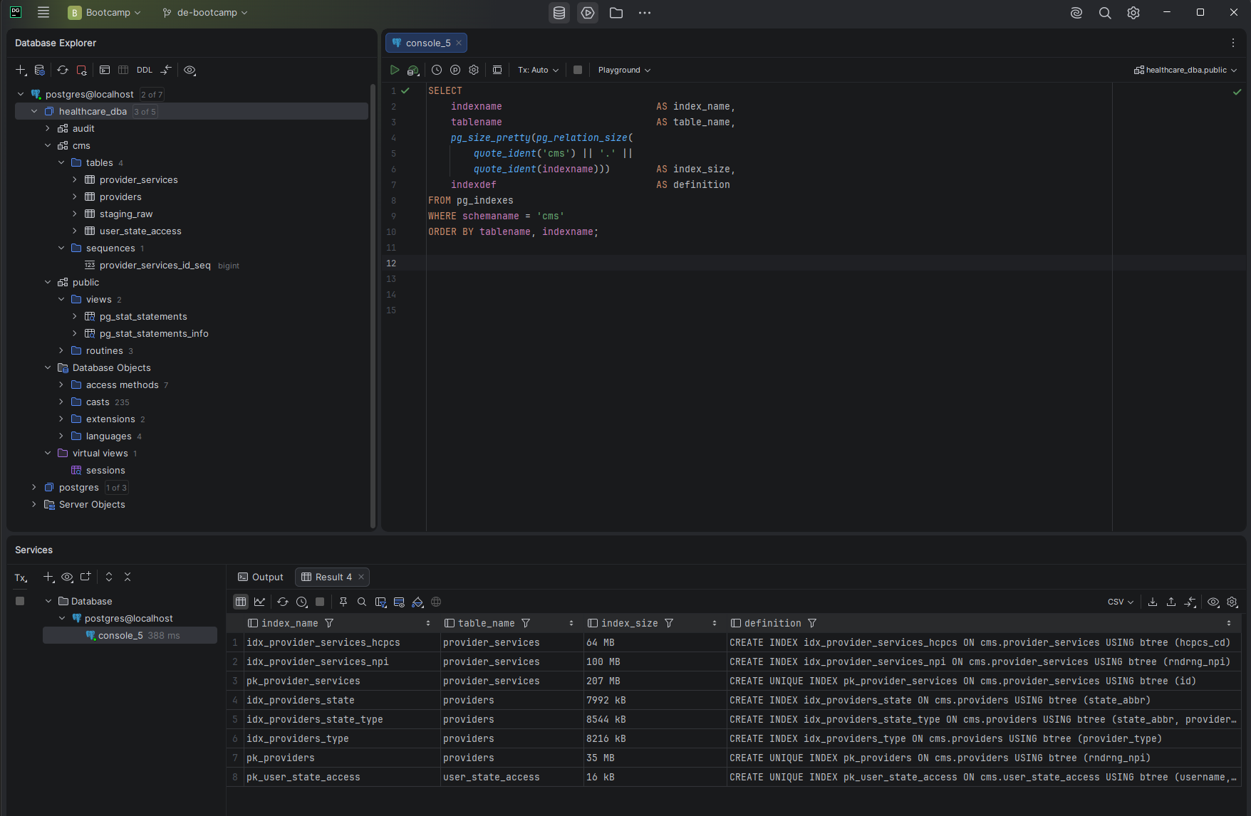 Index inventory showing only two primary key indexes exist