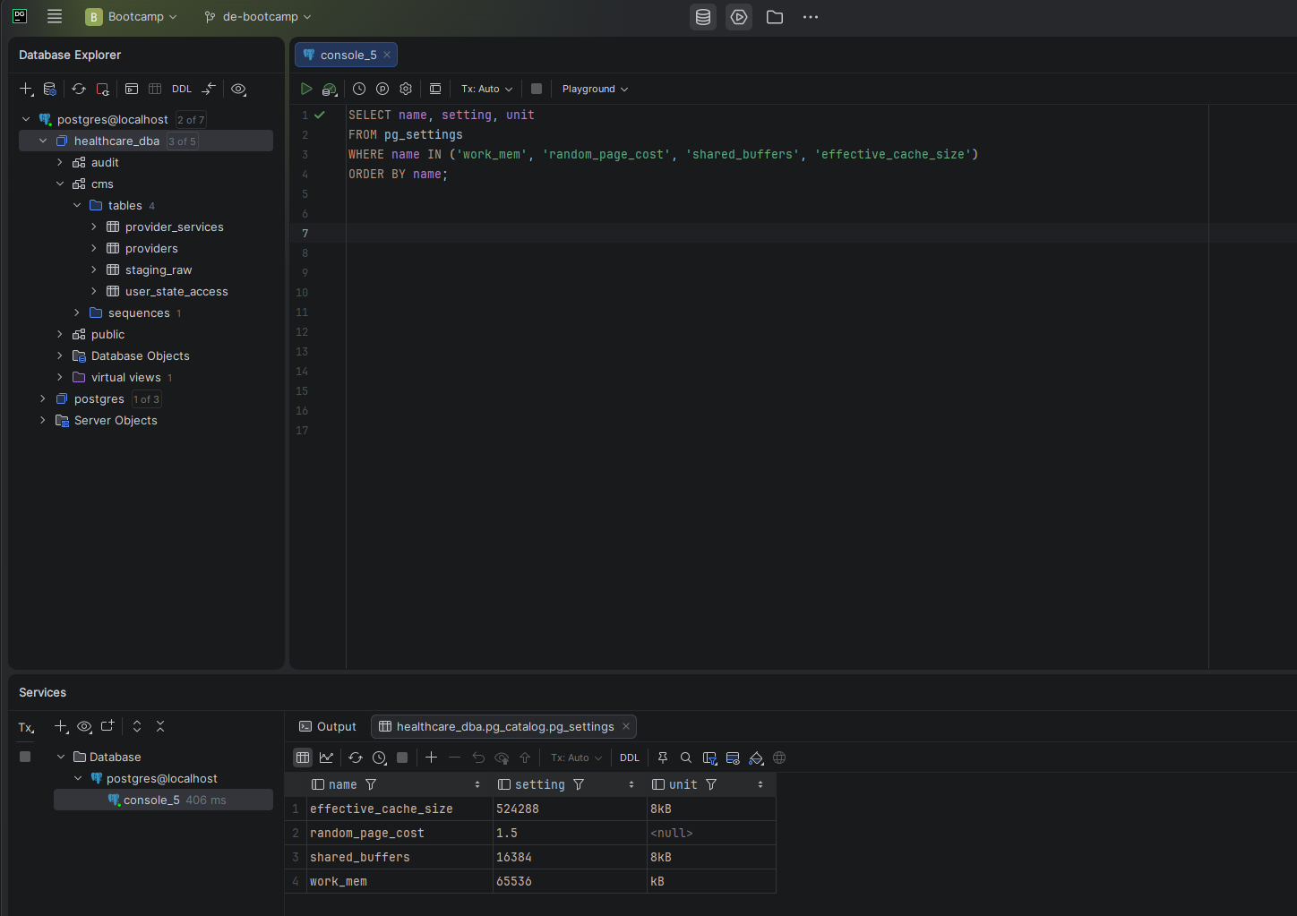 PostgreSQL configuration settings showing work_mem at 64MB and random_page_cost at 1.5