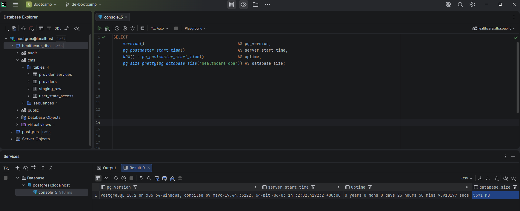 DataGrip showing monitoring query results including uptime, database size, and connection state