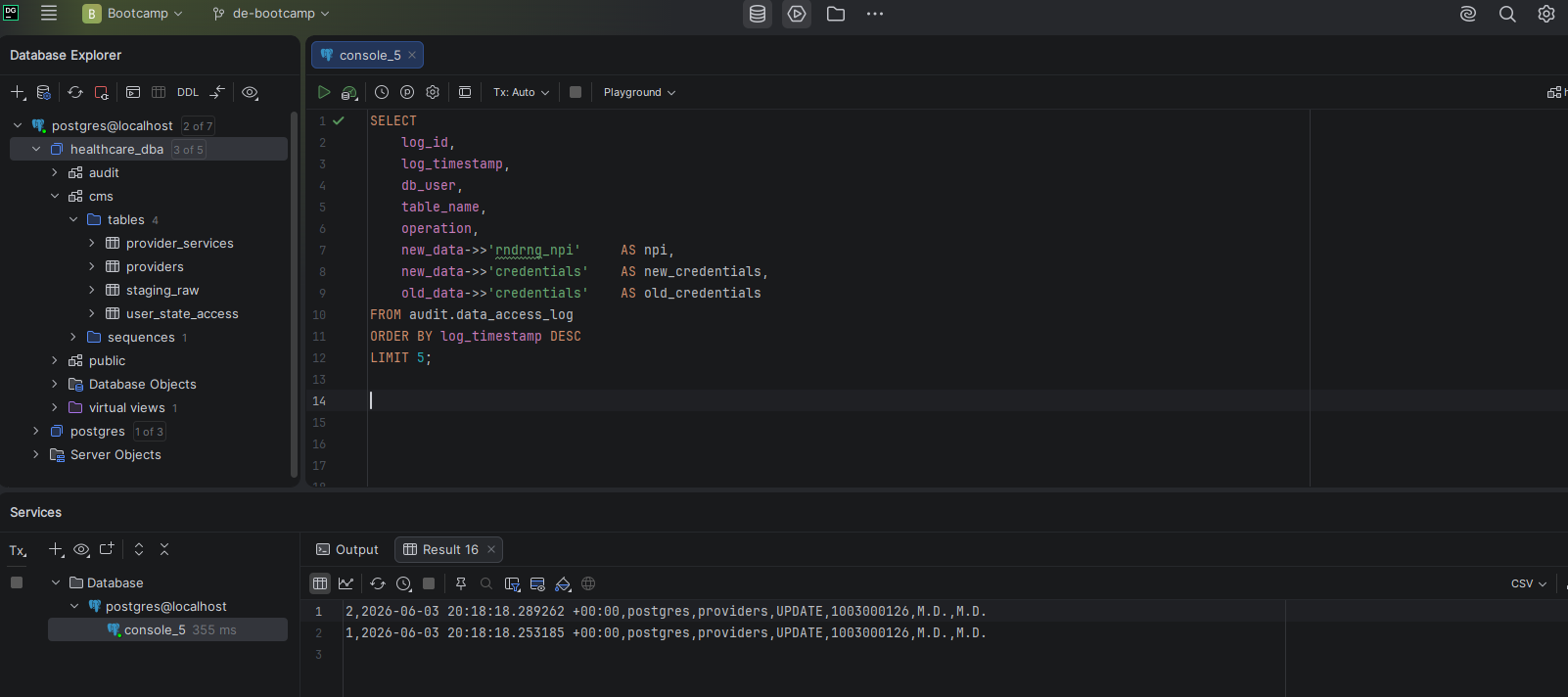 DataGrip showing audit log entries with timestamps, user, table, operation, and before/after data